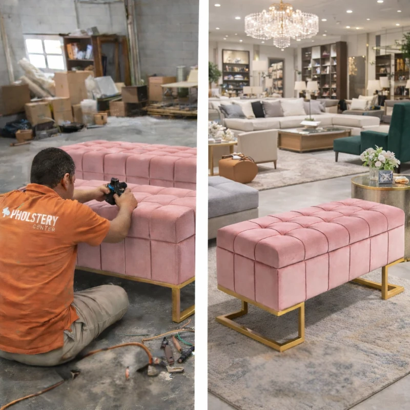 Before and After reupholstering pink tufted bench